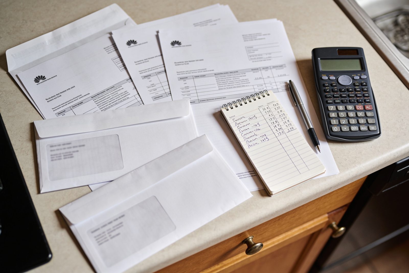 Des factures et un carnet de comptes étalés sur une table de cuisine